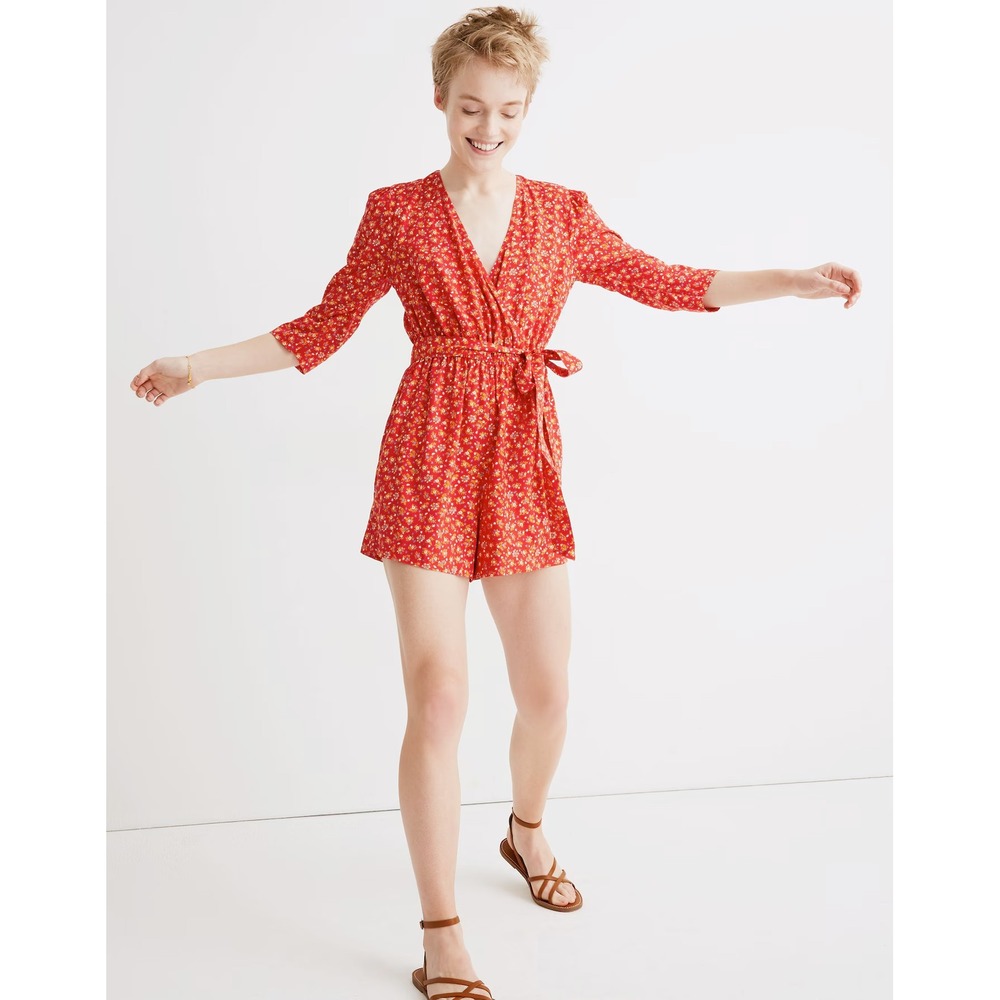 Madewell Wrap Front Romper Calico Floral Enamel Red 6 Spring Summer Casual